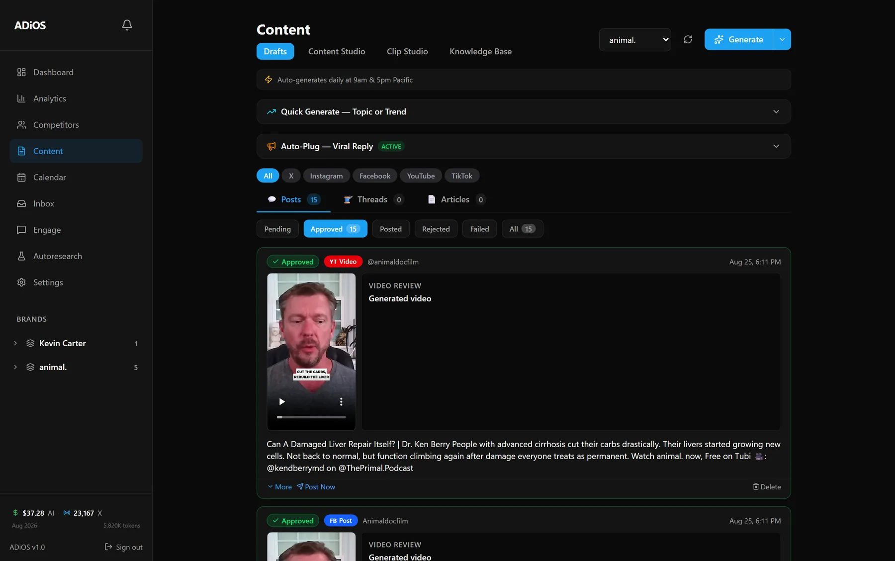 The ADiOS content queue, showing approved video drafts for the animal. brand with their destination platform, caption, and scheduled time.