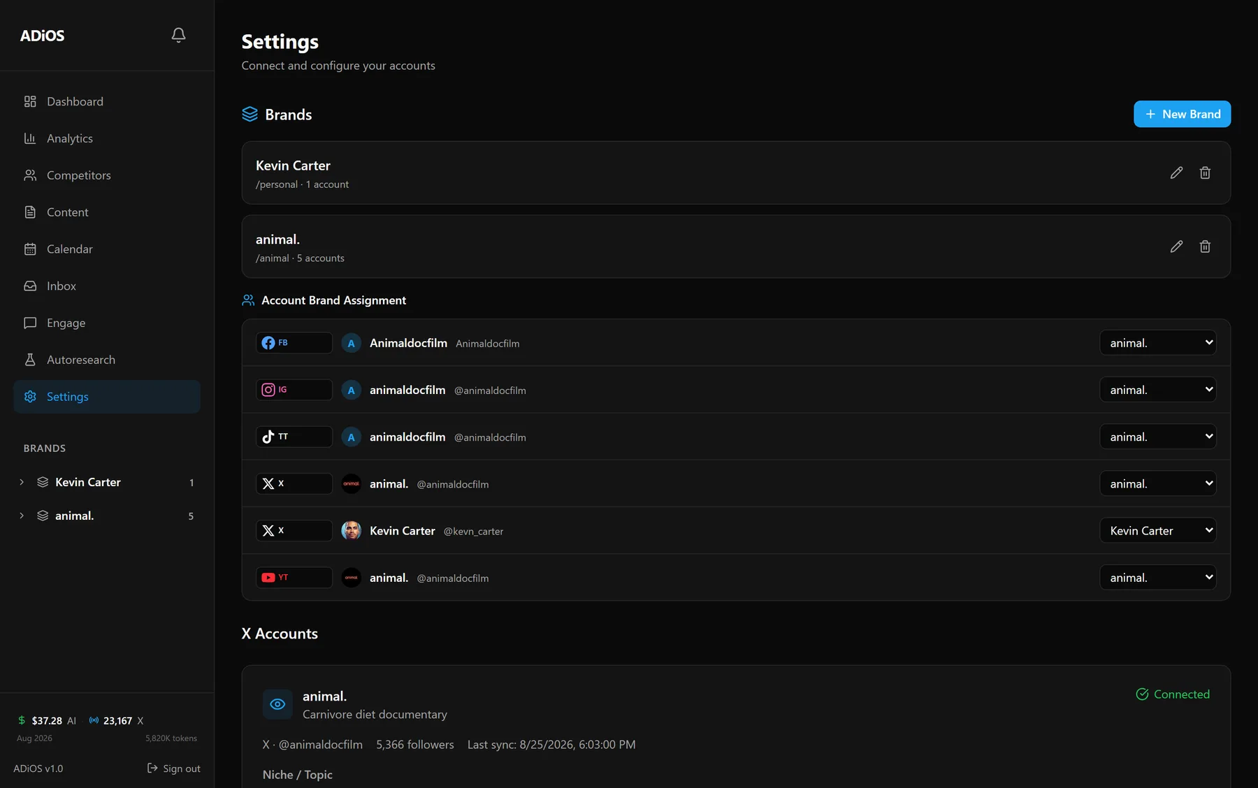 The ADiOS settings page listing every connected account — Facebook, Instagram, TikTok, X, and YouTube — with the brand each one belongs to.