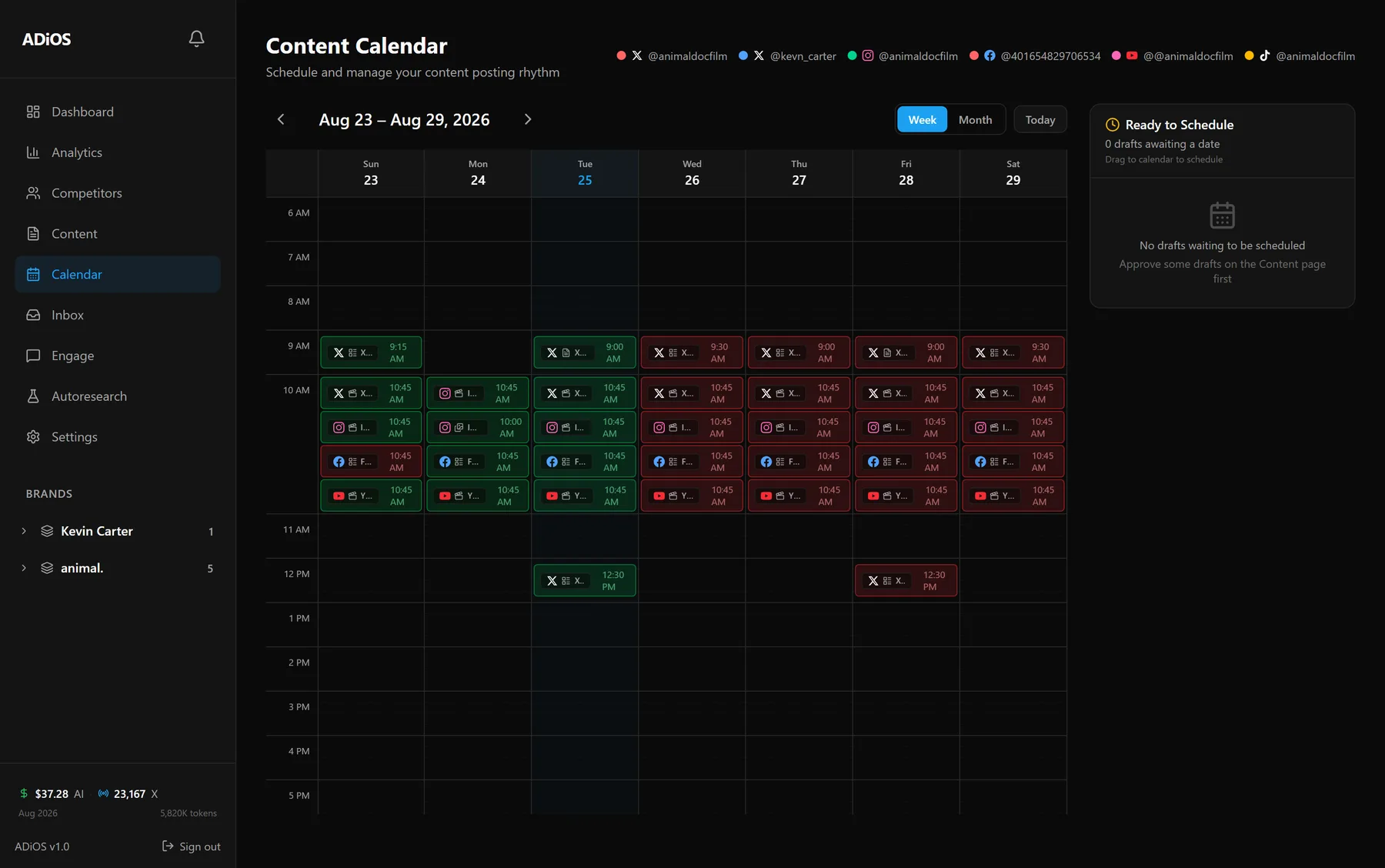 The ADiOS content calendar showing a week of scheduled posts colour-coded by platform across X, Instagram, Facebook, YouTube, and TikTok.